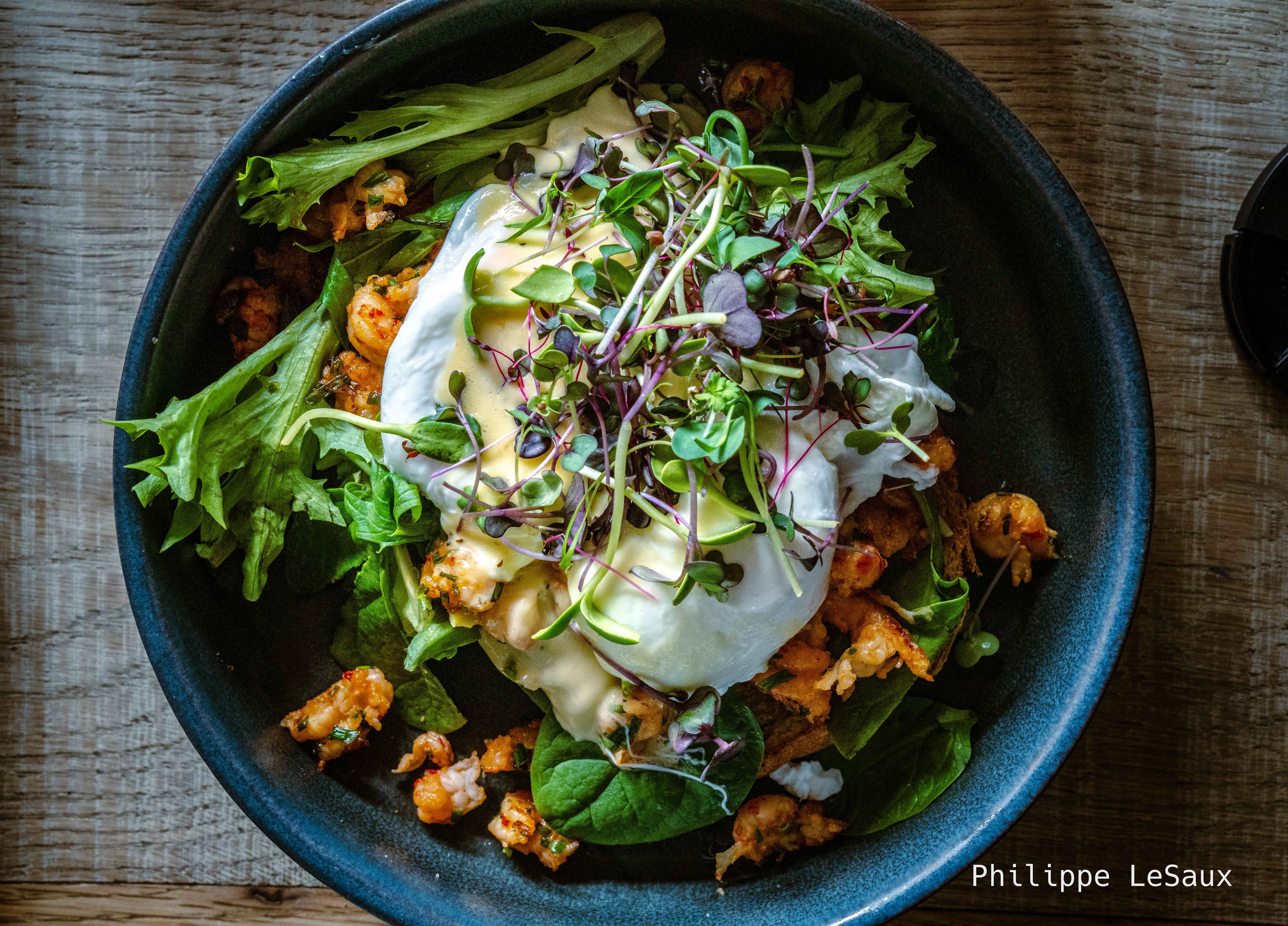 A salad with shrimp, ricotta, and poached eggs