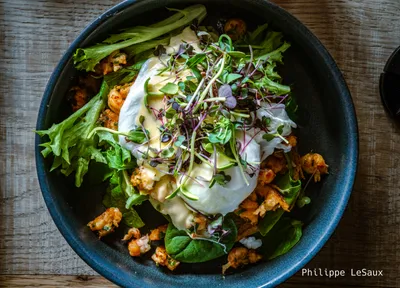 A salad with shrimp, ricotta, and poached eggs