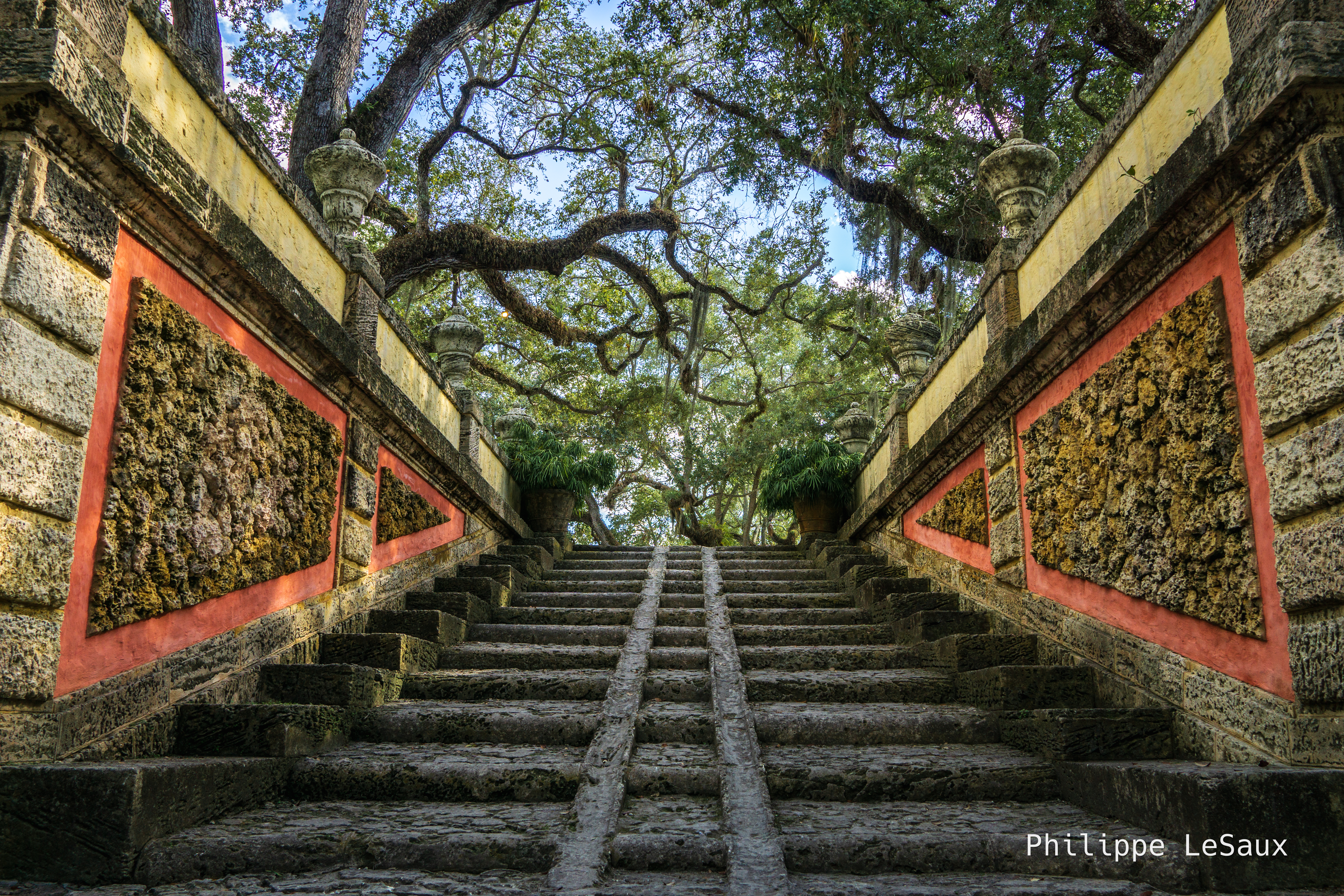 A set of weathered, outdoor steps