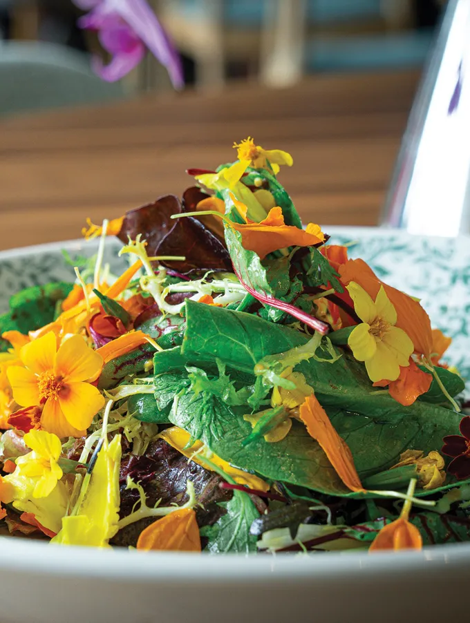 A colorful salad with edible flowers