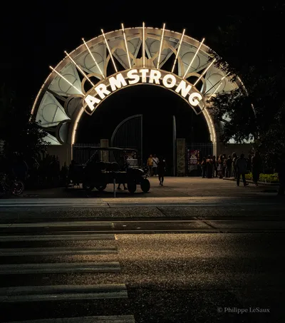 The entrance to Louis Armstrong Park at night