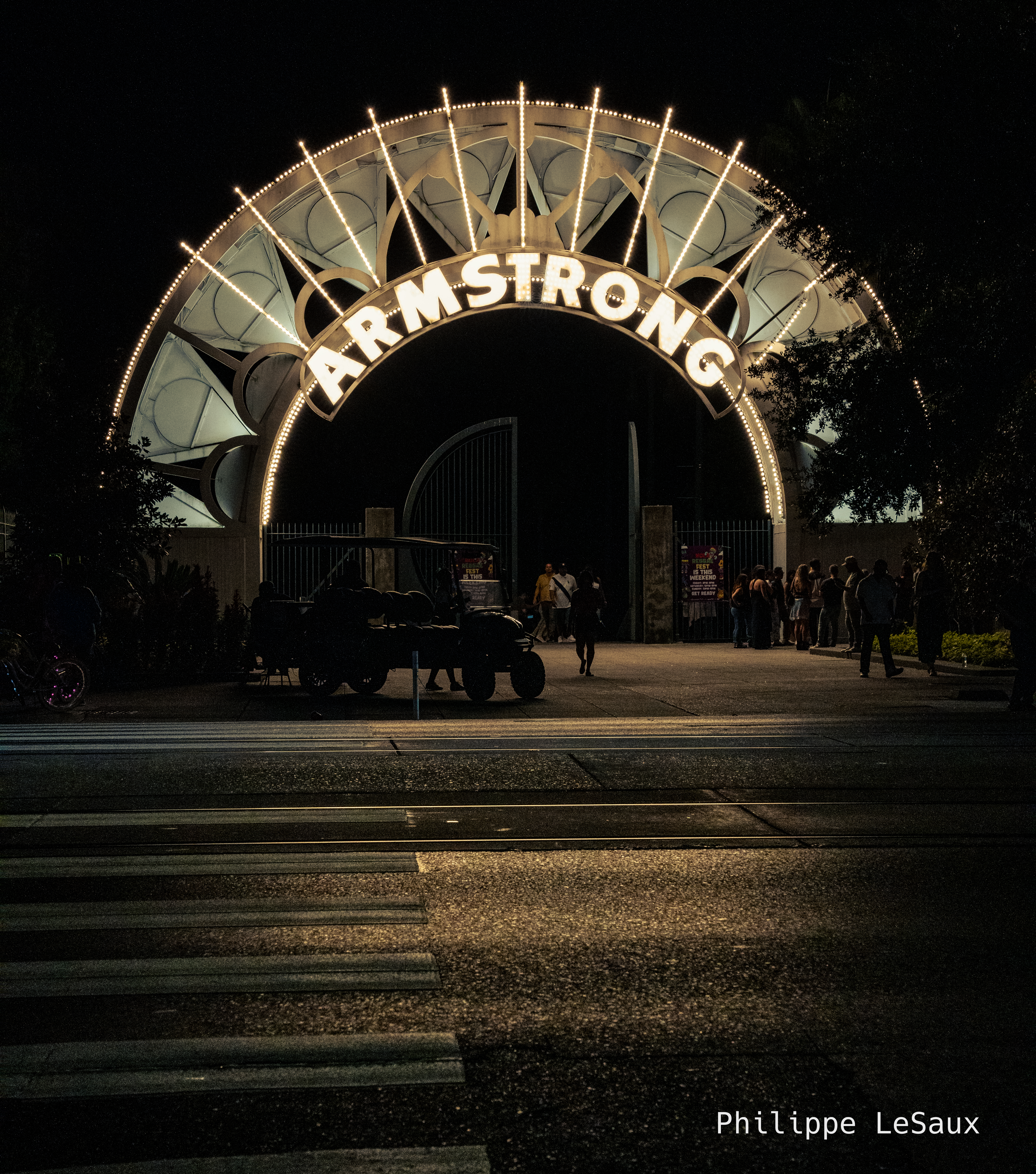 The entrance to Louis Armstrong Park at night